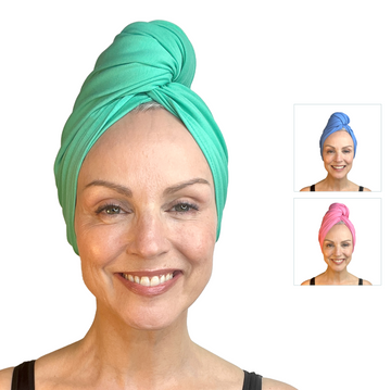 A woman wearing "The Pastels" green turban by Good Wash Day, made from organic jersey cotton towel, smiles. Smaller inset images feature her in blue and pink versions of the same style. These UK-handcrafted pieces are ideal for anyone with sensitive skin.